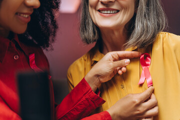 Woman attaching pink ribbon on a smiling senior woman for breast cancer awareness