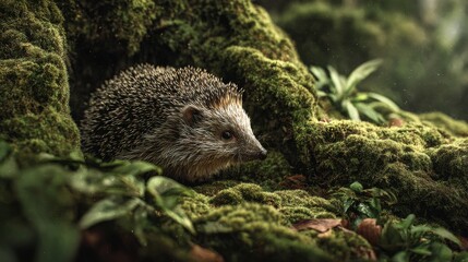 Hedgehog in lush forest underbrush surrounded by moss and foliage