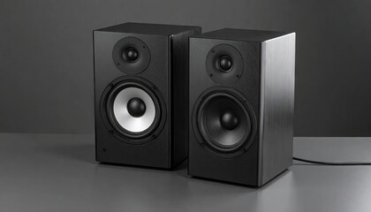 Obraz premium Two black speakers on a gray surface