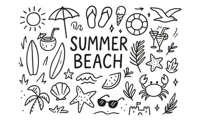 Naklejka premium Doodle style summer beach icons and elements collection
