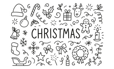 Fototapeta premium Festive christmas doodles with holiday symbols and decorations in black and white
