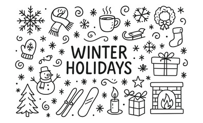 Festive winter holidays doodle set with snowflakes, gifts, and cozy symbols