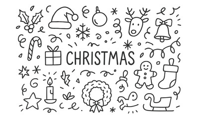 Hand drawn christmas doodles with holiday elements and festive icons