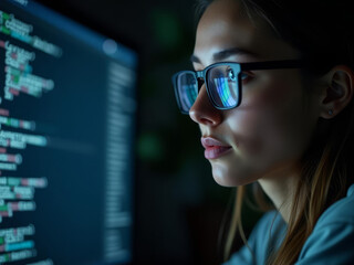 Jeune développeuse concentrée devant son écran en pleine nuit
