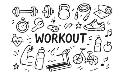 Plakat Hand-drawn workout gear and fitness equipment outlined in black and white
