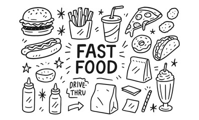 Doodle fast food icons featuring pizza, burgers, and soda