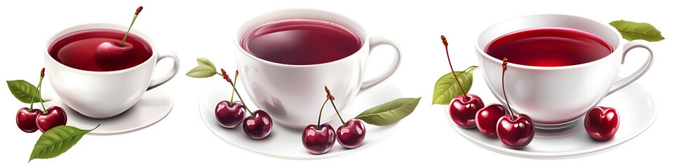 Set of cherry tea in white cups with fresh cherries and leaves on white background