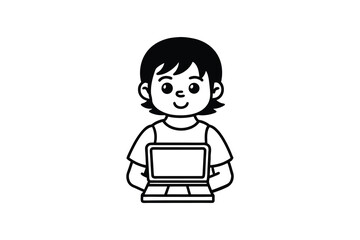 Girl with Laptop Silhouette Black and White Illustration of a Child Using Technology