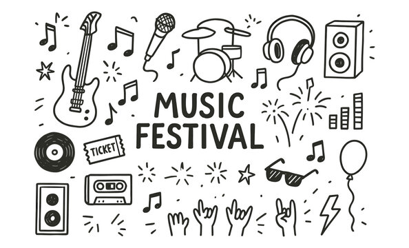 Music festival doodles with instruments and celebration icons in black and white