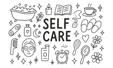 Fototapeta na wymiar Self care doodle art set featuring bath, relaxation, and wellness elements