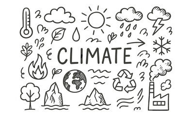 Naklejka premium Hand-drawn climate elements with weather symbols and environmental icons