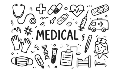 Fototapeta na wymiar Hand-drawn medical doodle collection with icons and symbols