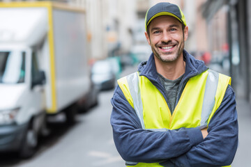 Delivery man in a uniform smiling at the camera, delivery van at the background. Concept of import, export, international logistics. 