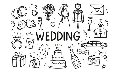 Wedding celebration doodles: hand-drawn icons of love, rings, and ceremony