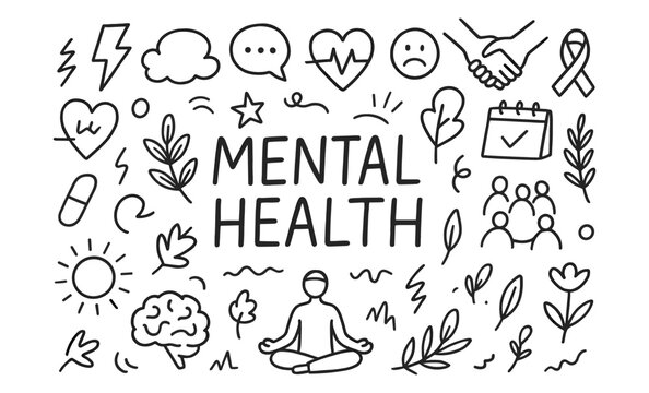 Mental health doodle art: wellness and self-care in linear style