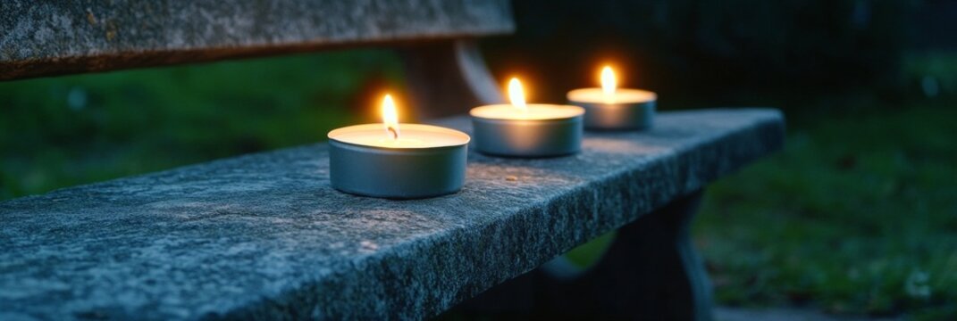 Votive candles on a park bench create an intimate ambiance during twilight.