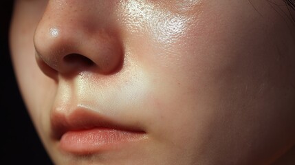 Fototapeta premium Captivating close-up of radiant and luminous female face, showcasing the inherent beauty of natural skin. A beautiful woman with dewy skin and smooth, flawless features.