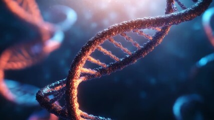 Close-up of a double helix DNA strand, glowing orange and blue against a dark background. Other, blurred DNA strands are visible in the background, suggesting cellular activity - Powered by Adobe