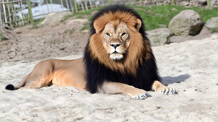 Obraz premium Majestic Male Lion Resting on Sandy Ground