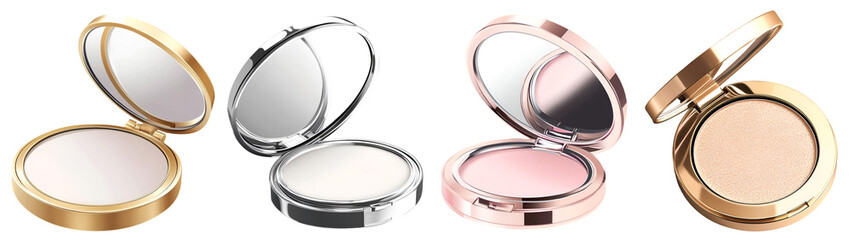 collection of compact face powders and makeup products on white background,