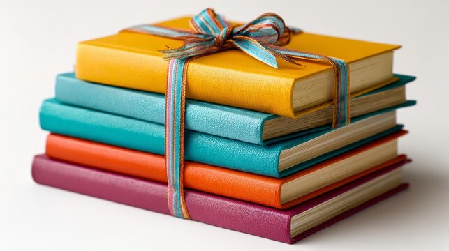 Colorful hardcover books tied with ribbon stack