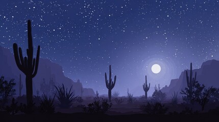 Starry night in the desert with full moon and cacti silhouettes