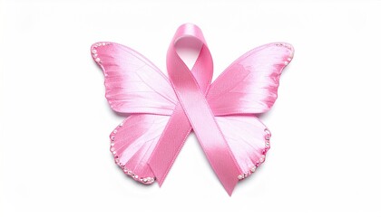 Pink ribbon shaped like a butterfly on white background
