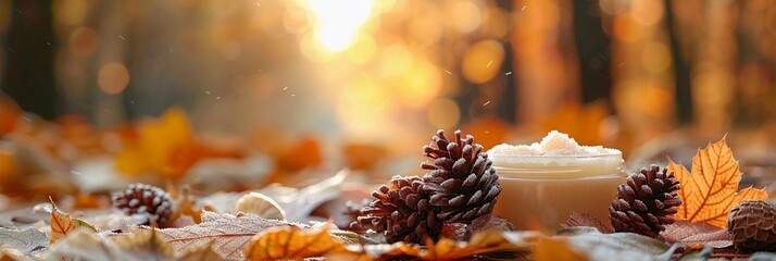 A minimalist autumn still life composition featuring pinecones, fallen leaves and a cosmetic jar arranged on a wooden surface with clean copy space. The natural textures and warm tones create a