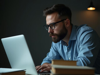 Homme concentré travaillant sur ordinateur dans un bureau sombre
