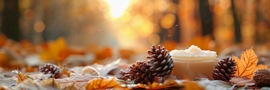 A minimalist autumn still life composition featuring pinecones, fallen leaves and a cosmetic jar arranged on a wooden surface with clean copy space. The natural textures and warm tones create a