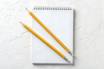 Two yellow pencils lie on top of a blank white notebook