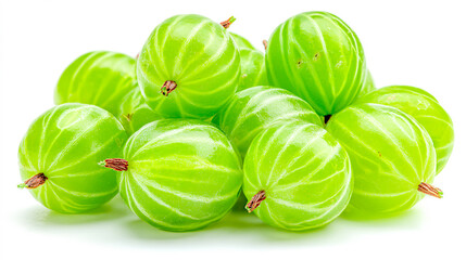 A photograph of fresh green gooseberries, isolated on a white background with no shadows or reflections