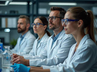 Équipe de scientifiques concentrés en laboratoire de recherche médicale moderne

