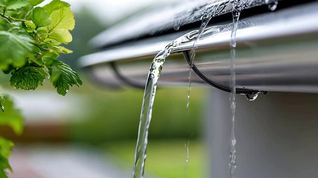 Glistening rainwater cascades from leafy gutter against lush greenery