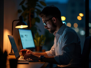 Travail nocturne intense d’un développeur concentré devant son écran
