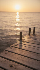 Fototapeta premium Wooden pier extending into calm water at sunset with golden reflection