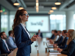 Femme leader présentant une stratégie en réunion d'entreprise moderne
