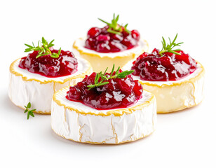 Brie cheese topped with cranberry preserves, 2hite background. AI