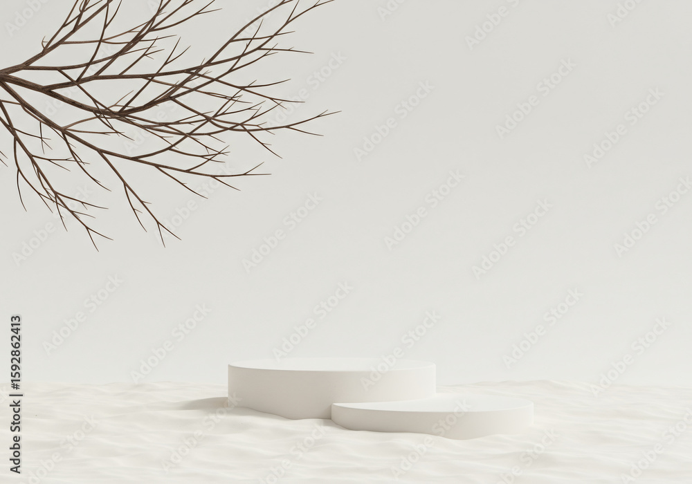 Poster minimal mockup background for product presentation. podium and dry tree twigs branch with white sand