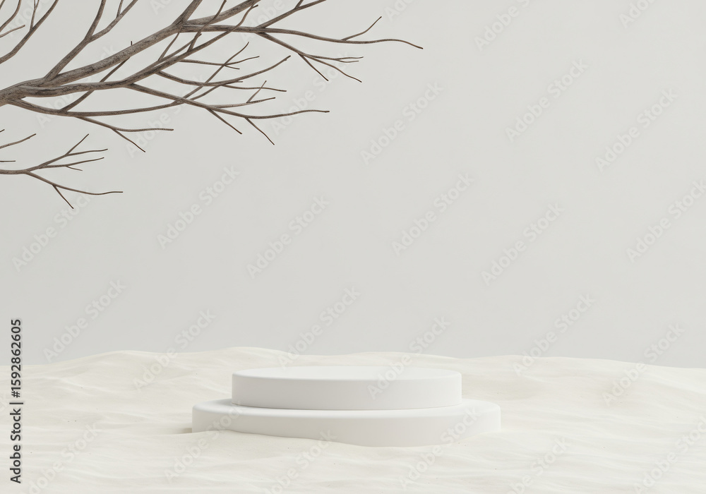 Fototapete minimal mockup background for product presentation. podium and dry tree twigs branch with white sand