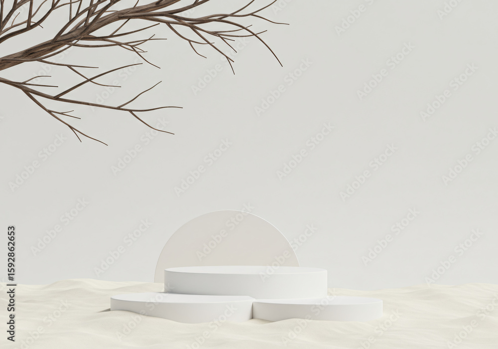 Poster minimal mockup background for product presentation. podium and dry tree twigs branch with white sand