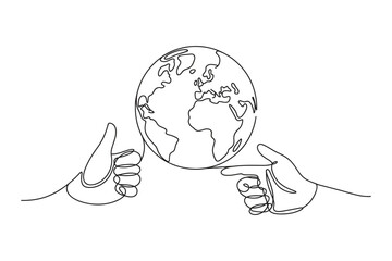 Continuous Line Art of Planet with Hands – Unity and Earth Day Symbol