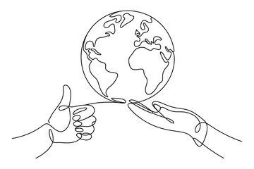 One Line Drawing of Hands Holding the Globe – Planet Earth and Sustainability Concept