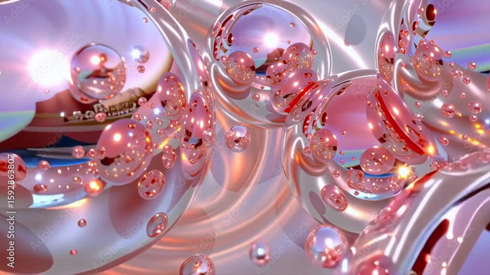 Poster pink spheres of different sizes roll and bounce on a white iridescent silky fabric, creating a visua