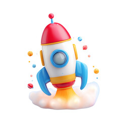 Cartoon rocket launching with planets isolated on a transparent background