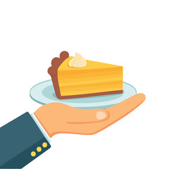 A hand offering a slice of delicious pie, showcasing the art of baking and the pleasure of a sweet treat. The pie appears fresh and inviting, perfect for indulging in a moment of bliss