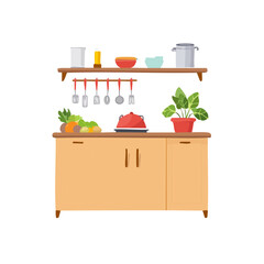 A detailed illustration of a modern kitchen with various items arranged on the countertop and shelves