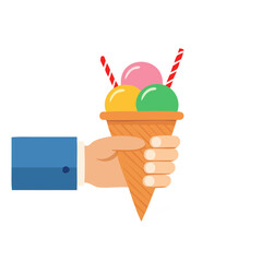 Hand holding colorful ice cream in a waffle cone. The ice cream features three scoops with two red wafer sticks.