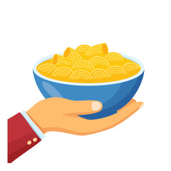 A hand presenting a blue bowl filled with pasta