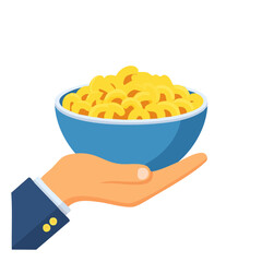 A bowl of macaroni and cheese is being held up in someone's hand, appetizing and inviting. The dish is presented, ready to enjoy.
